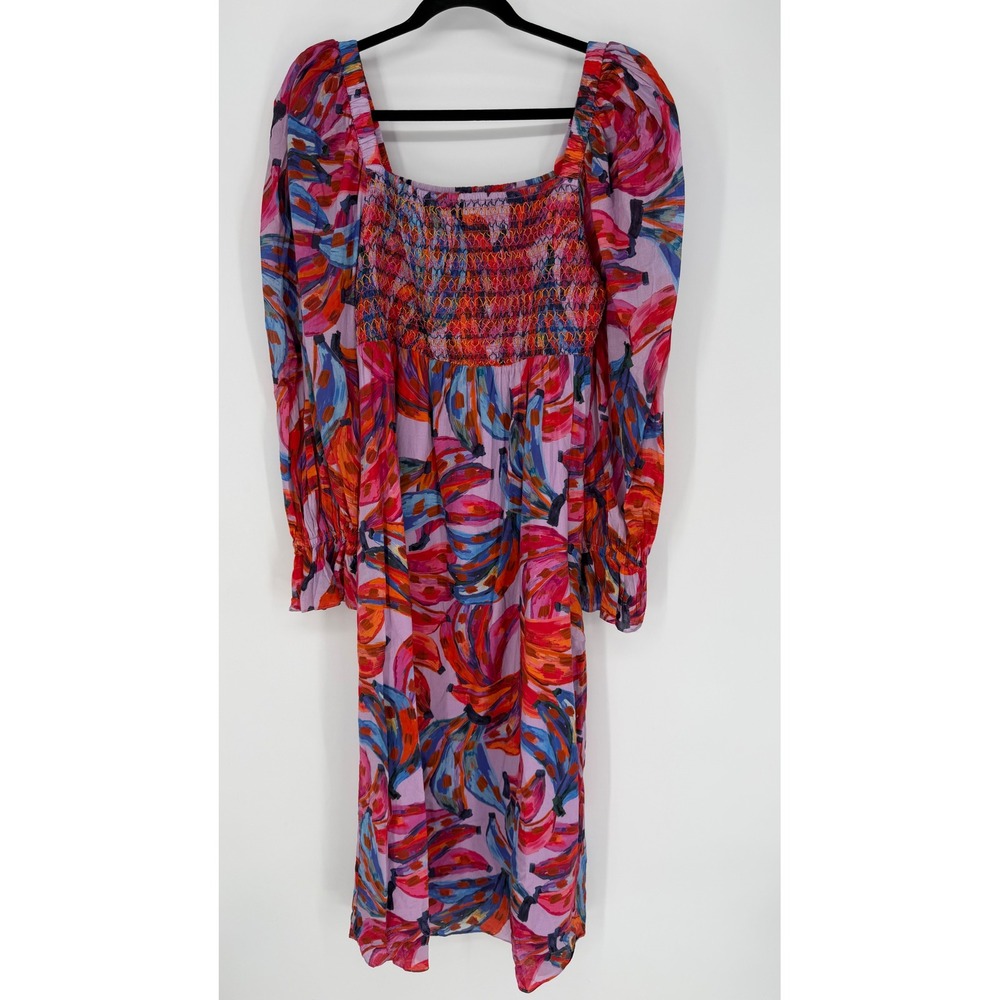 FARM RIO COLORED BANANAS SMOCKED DRESS LARGE TROPICAL RESORTWEAR MAXIMALIST BOLD